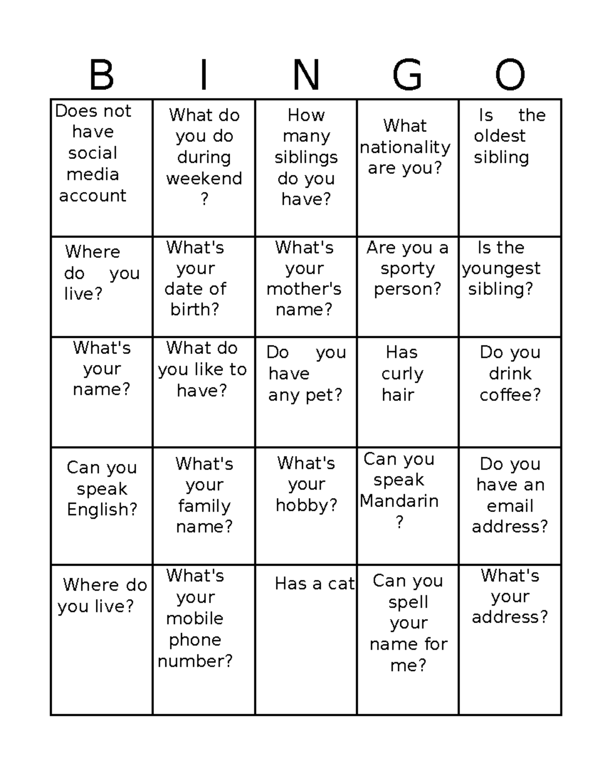 BINGO Game Template: Social Media & Personal Questions (7779814) - Studocu