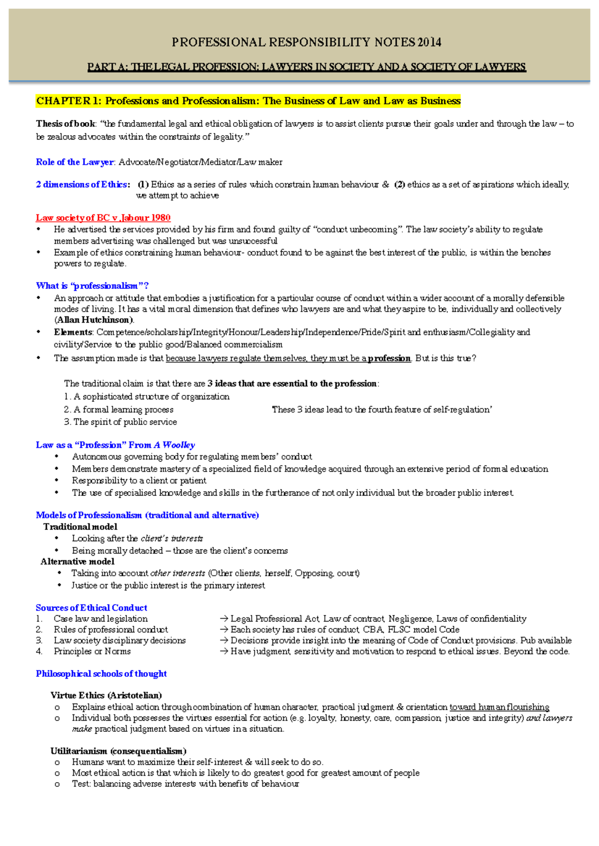 Professional Responsibility in Law: Notes on Ethics and Conduct (1-PR ...