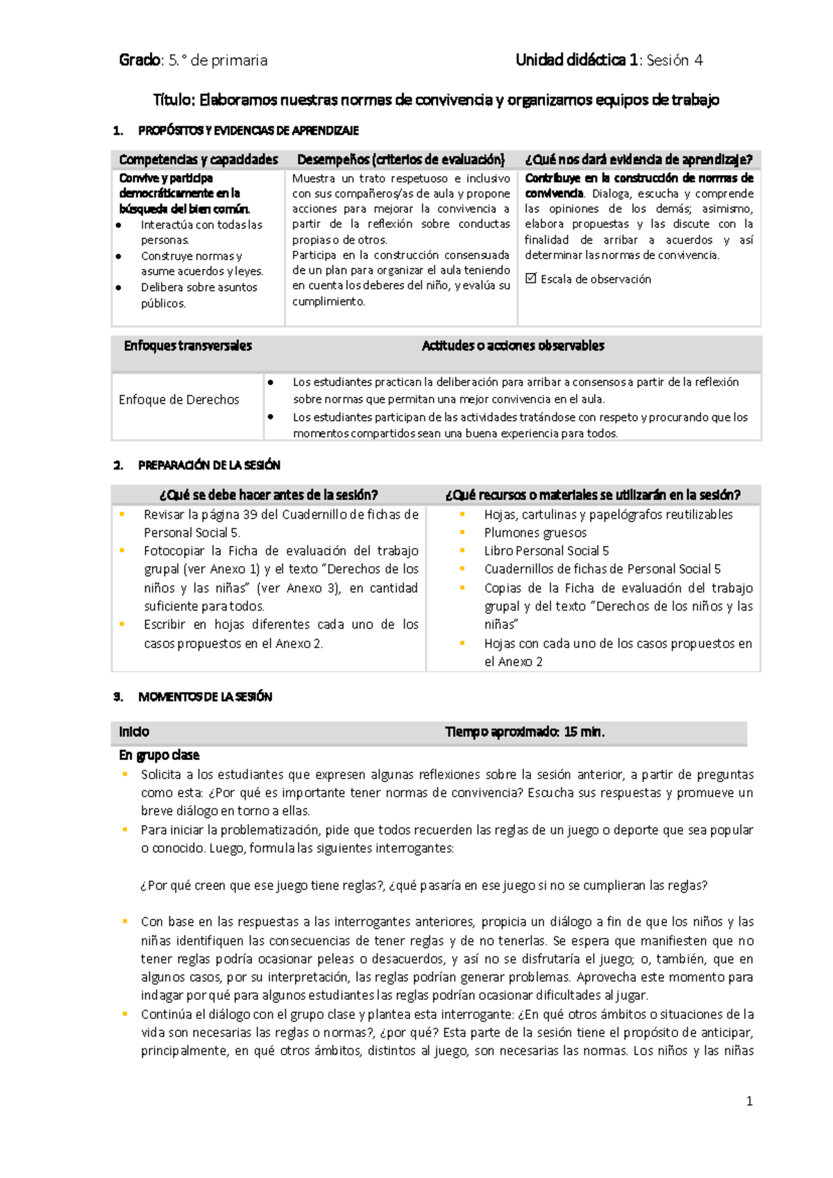 Elaboración de Normas de Convivencia en Grado 5 - Unidad 1, Sesión 4 ...