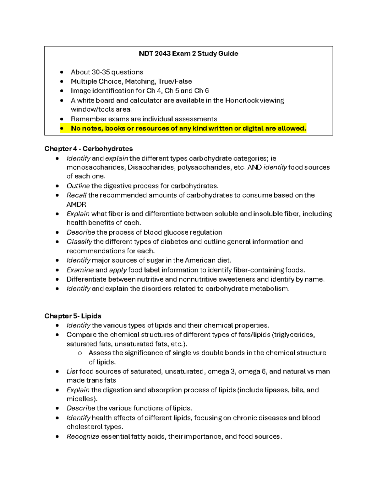 NDT 2043 Exam 2 Study Guide: Carbohydrates, Lipids, and Proteins ...
