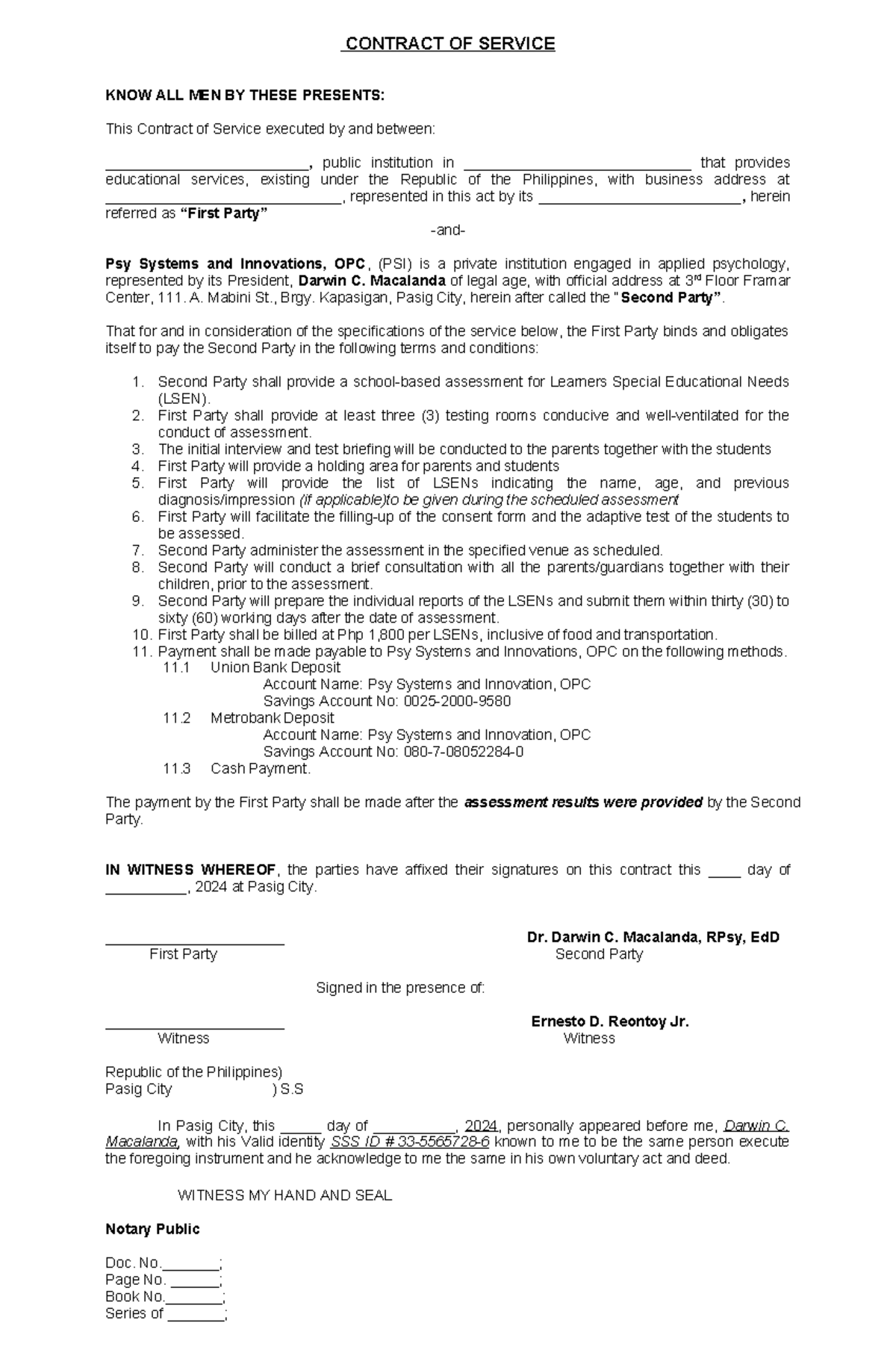 Service Contract for Educational Assessment - Sample Template - Studocu