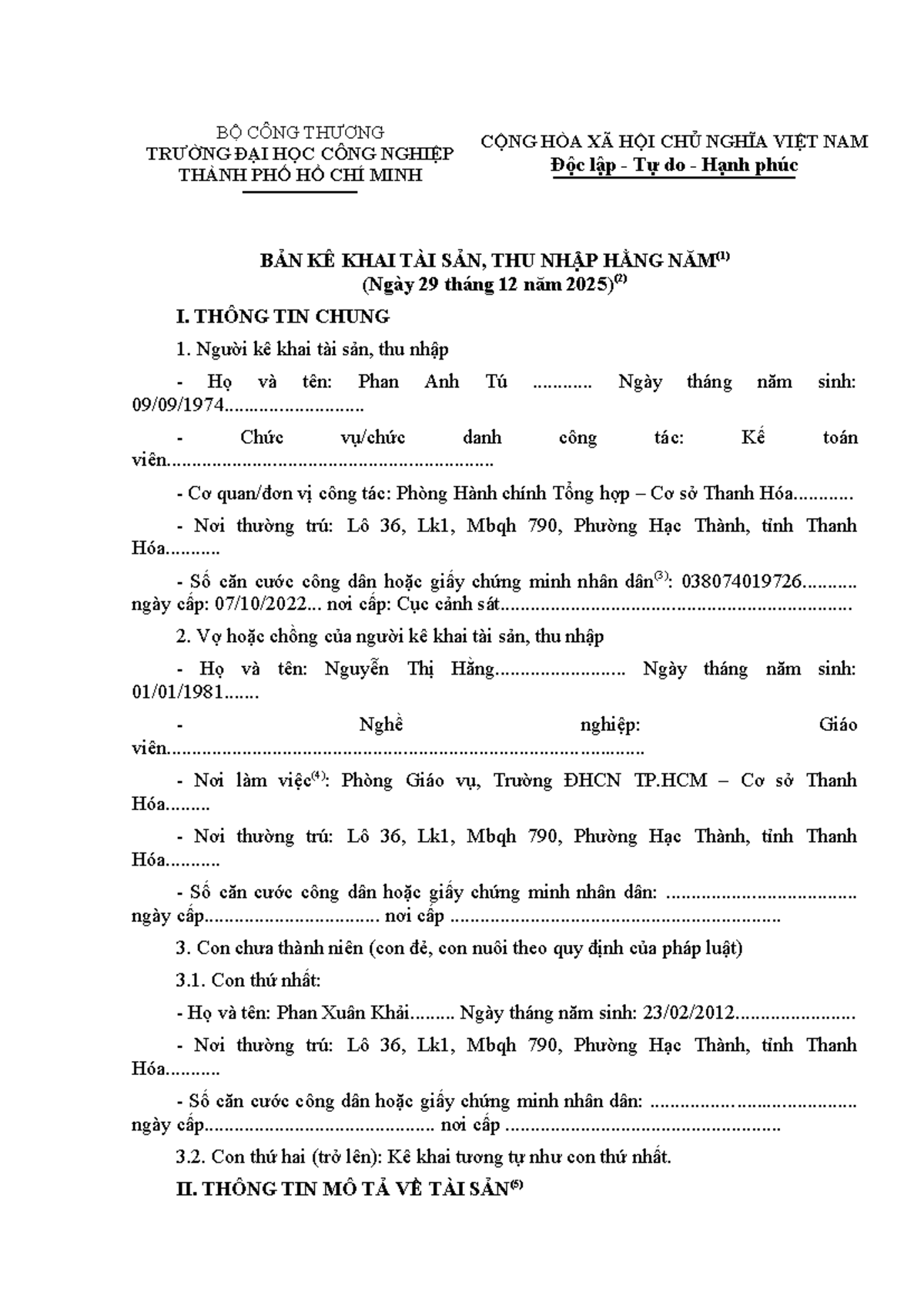 Mẫu Kê Khai Tài Sản, Thu Nhập Hằng Năm - 12121 - Studocu