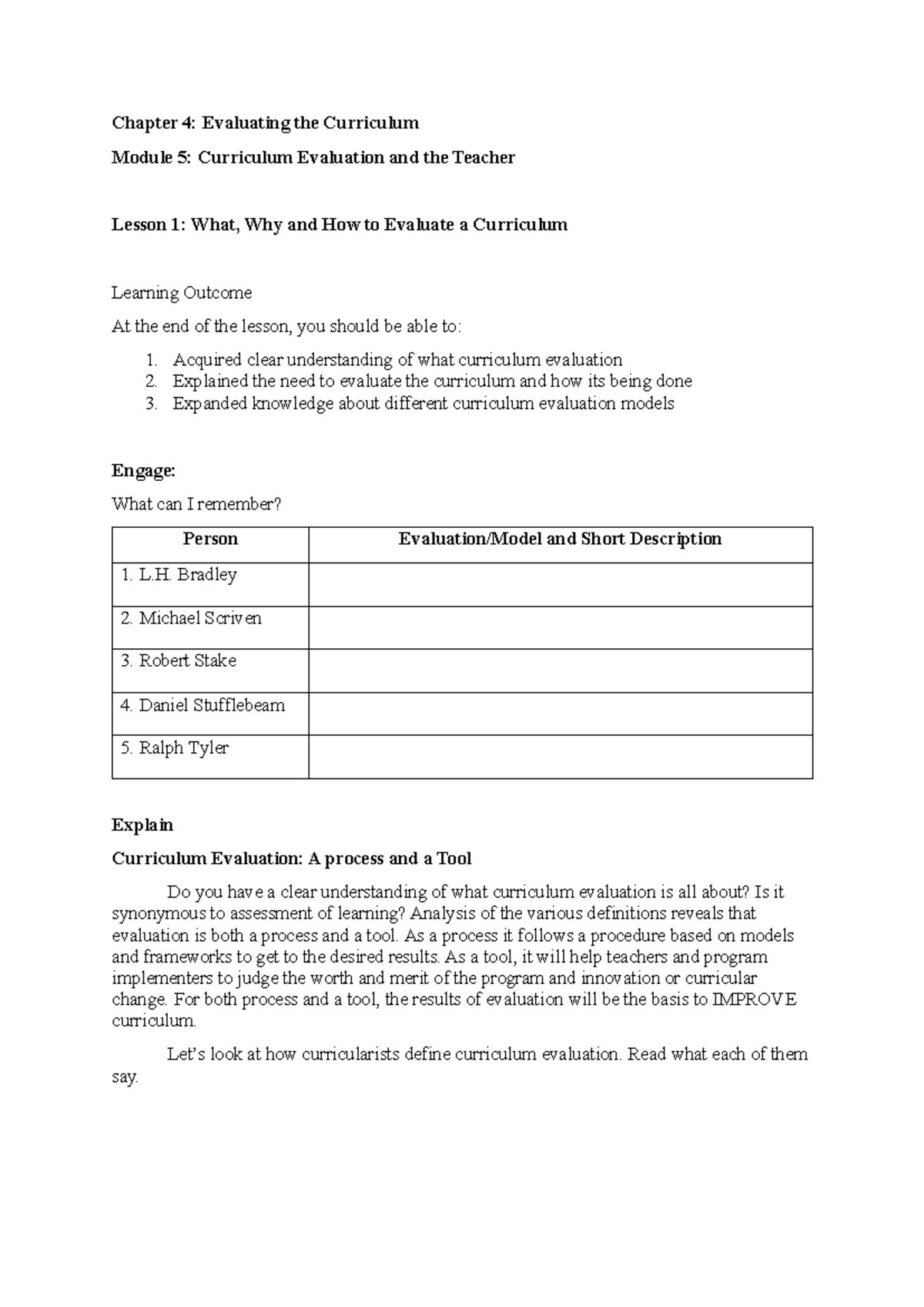 Chapter 4: Curriculum Evaluation Models and Learning Outcomes Analysis ...