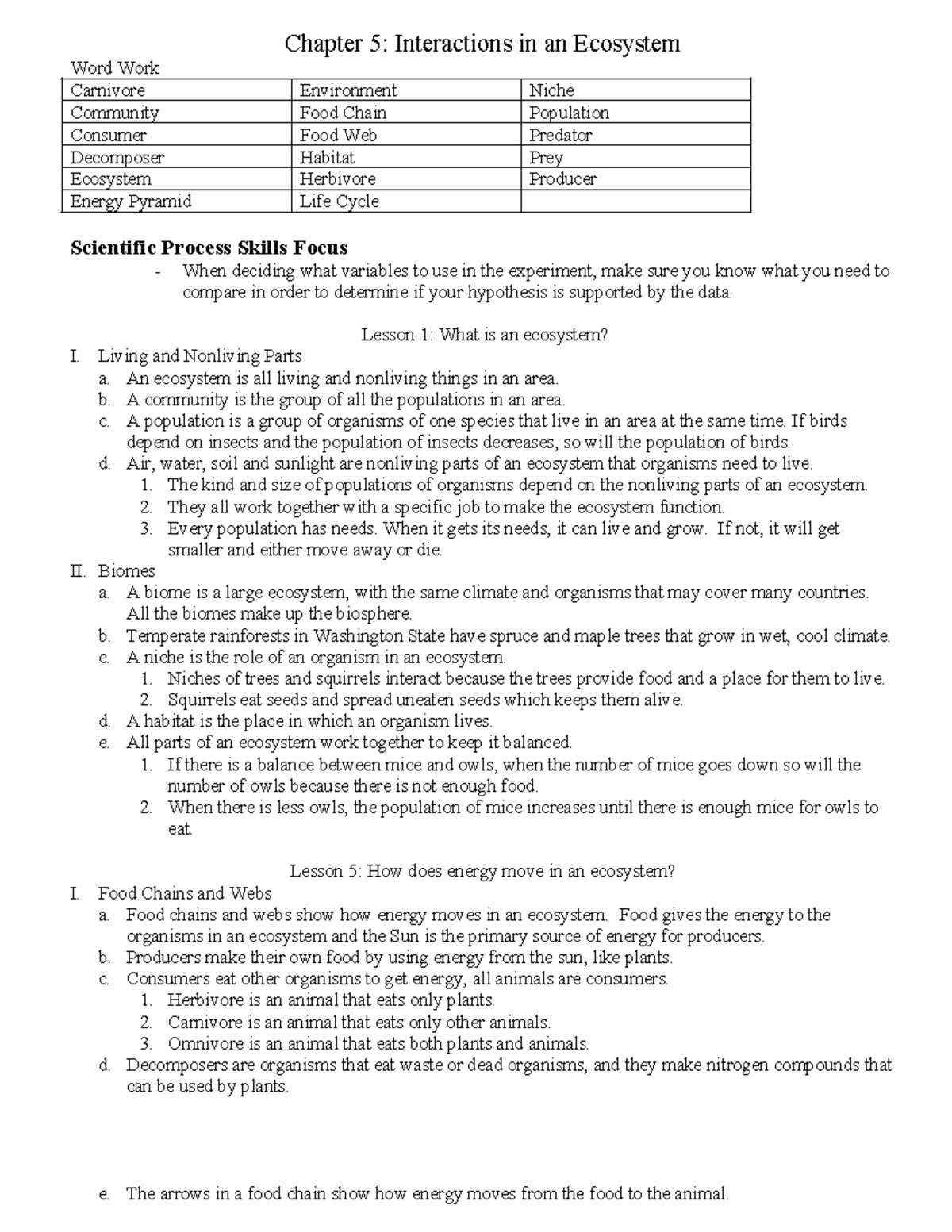 Chapter 5 outline - Chapter 5: Interactions in an Ecosystem Word Work ...