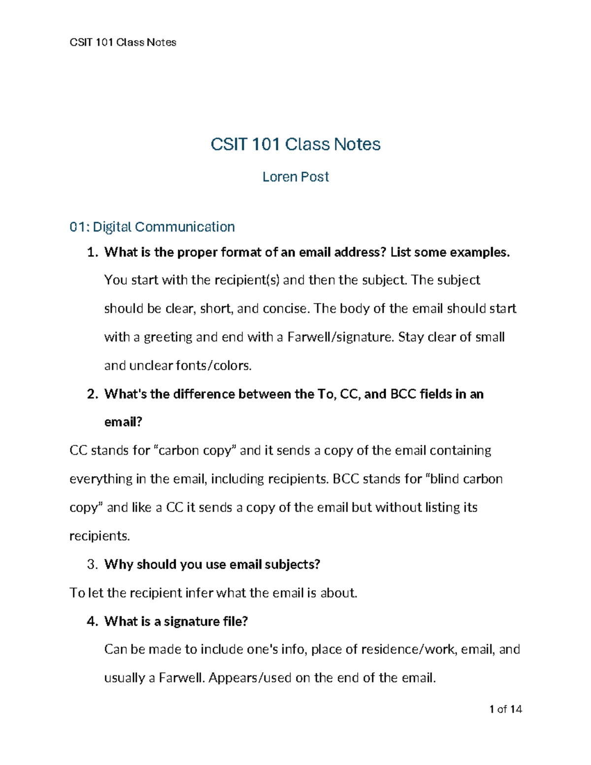 CSIT 101 Class Notes: Digital Communication, Networking & Software ...