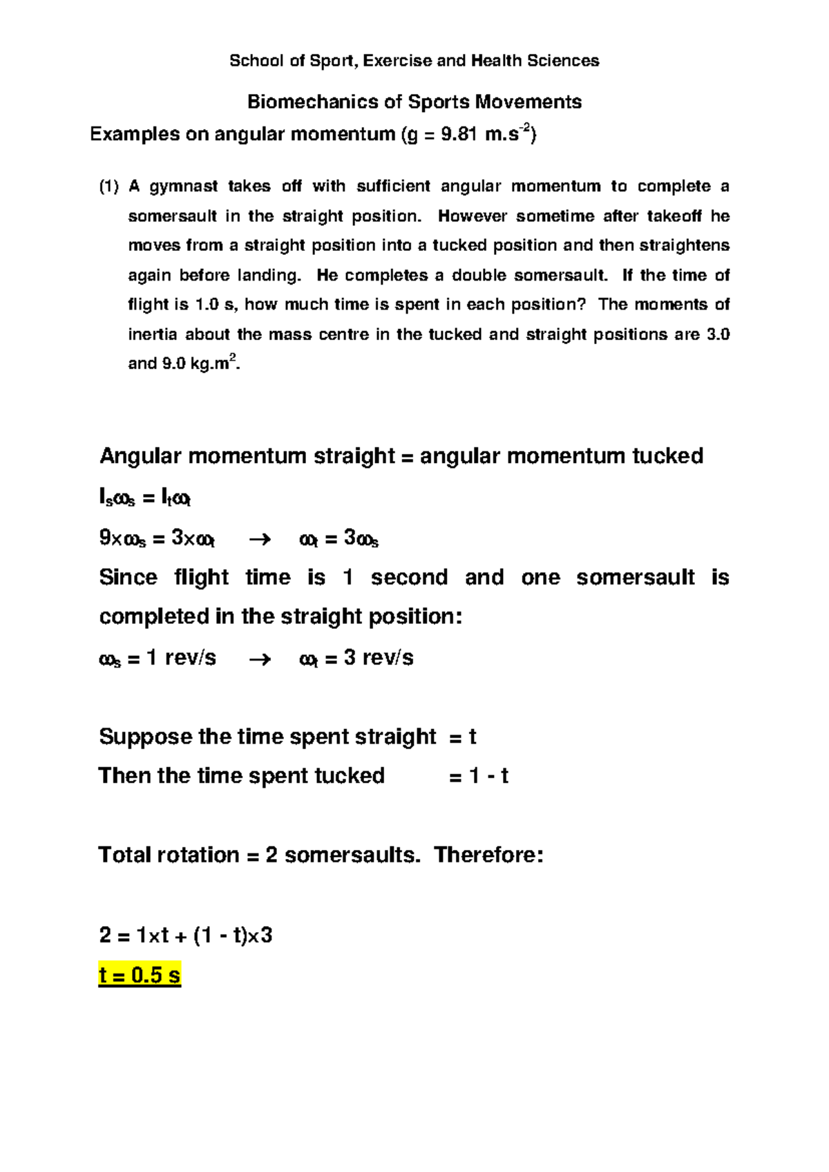 Biomechanics of Sports Movements: Tutorial Sheet 7 Answers - Studocu