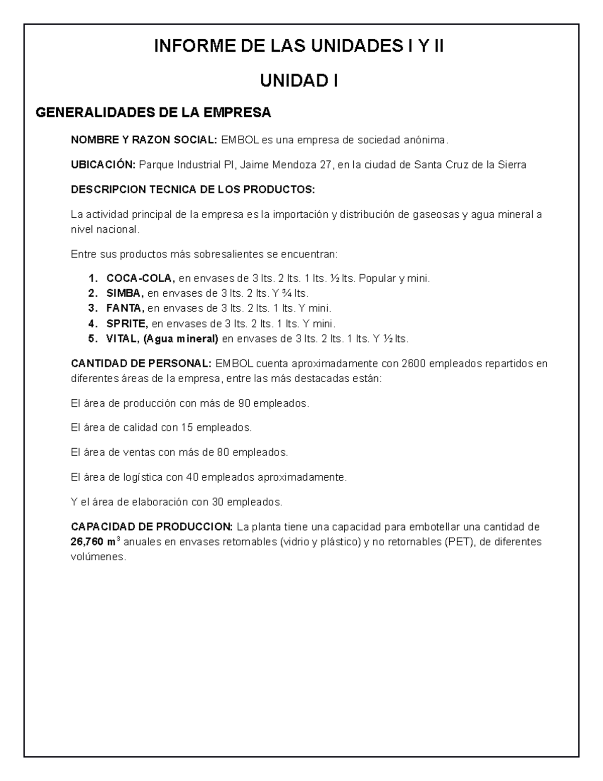 Unidad I - Introducción a la Empresa EMBOL y Estructura Organizativa - Document Preview