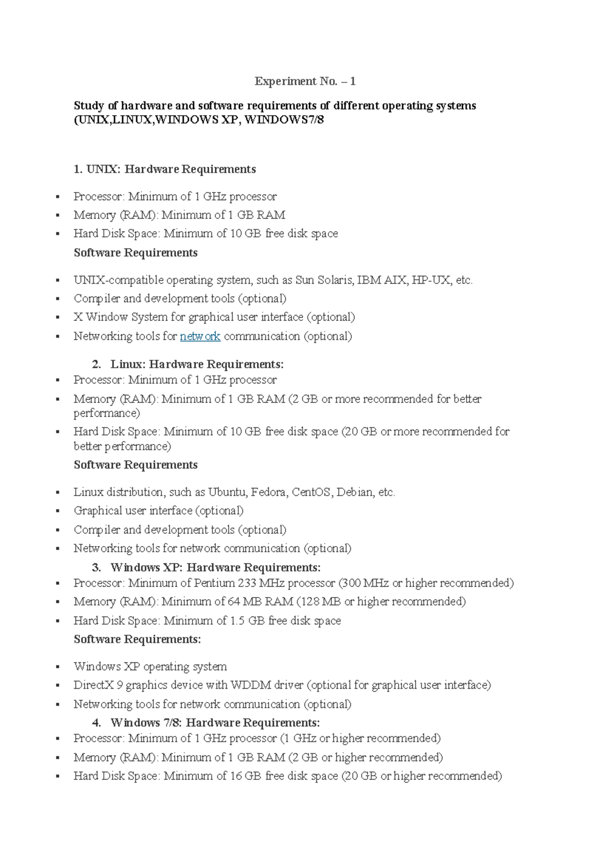 OS Experiment No. 1: Hardware & Software Requirements for UNIX, LINUX ...