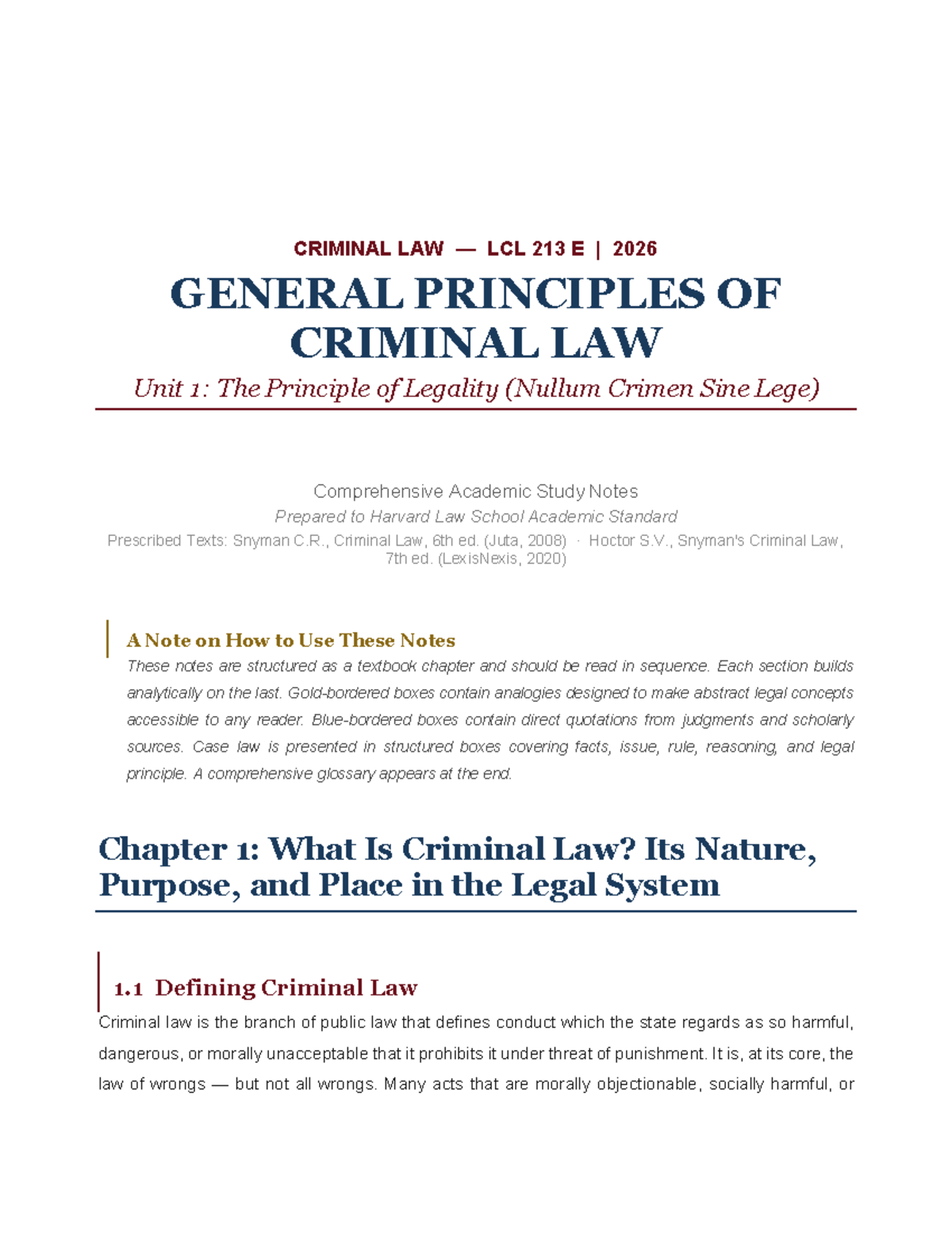 CRIMINAL LAW LCL 213 E 2026 Unit 1: The Principle of Legality Study ...
