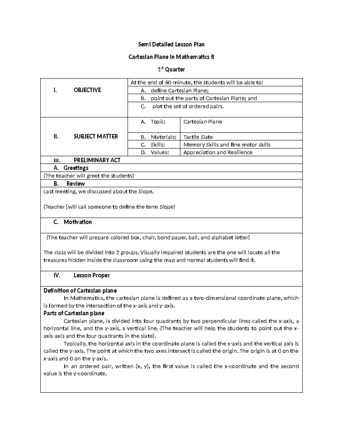 Mathematics 8: Semi-Detailed Lesson Plan on Cartesian Plane - Studocu