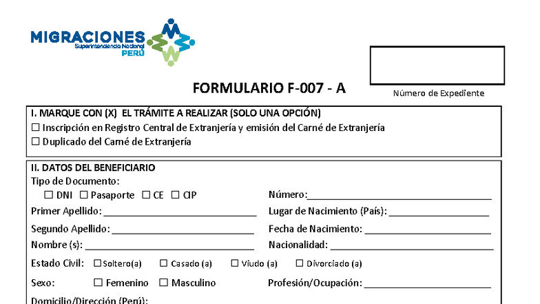 F-007-A - Formulario de Registro de Extranjería y Beneficiario - Studocu