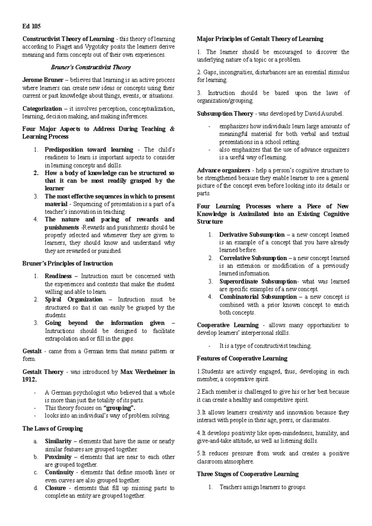 Ed 105 Final Exam Reviewer: Constructivist Learning Theories - Studocu