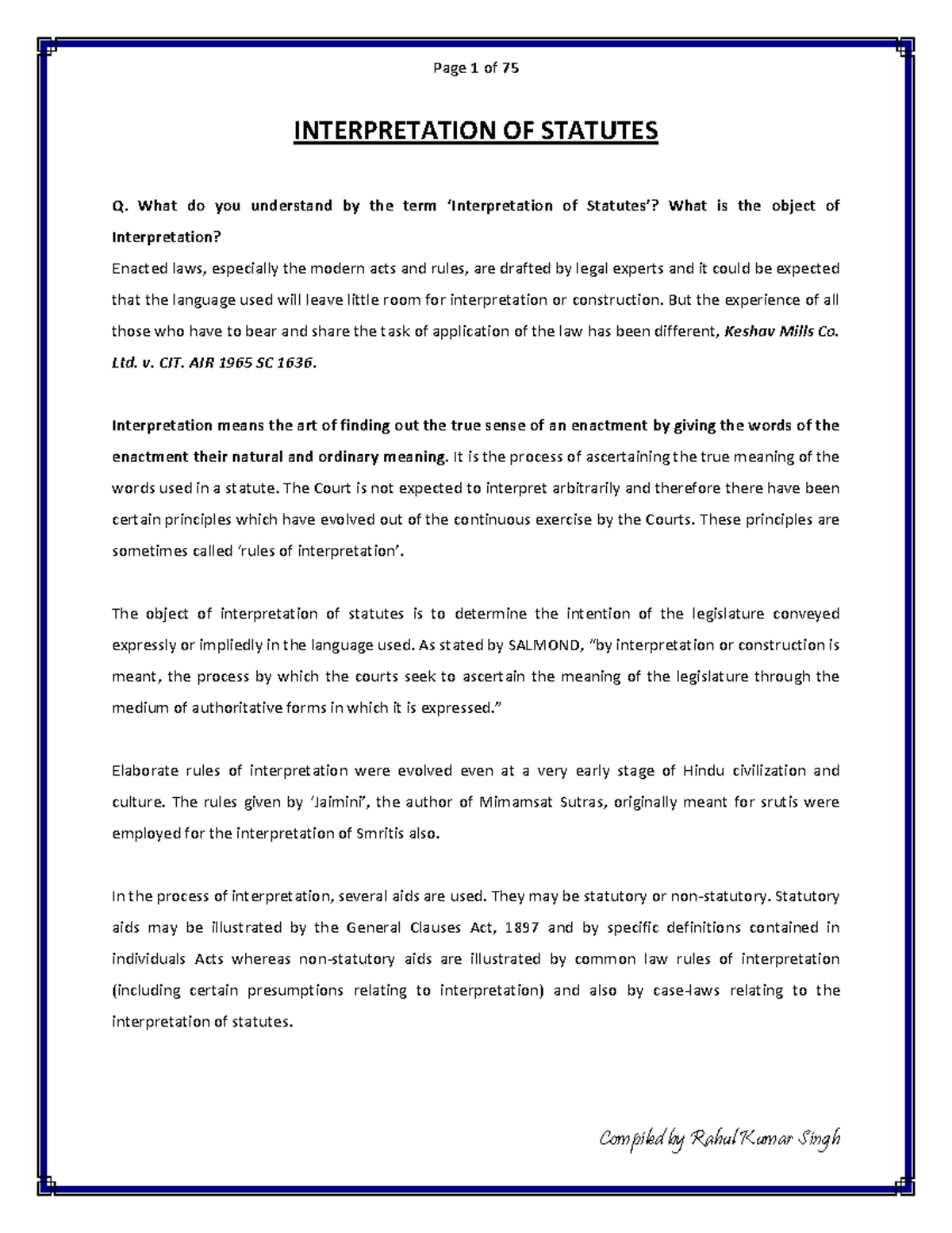 Interpretation of Statutes: Key Concepts and Principles (LAW 101) - Studocu