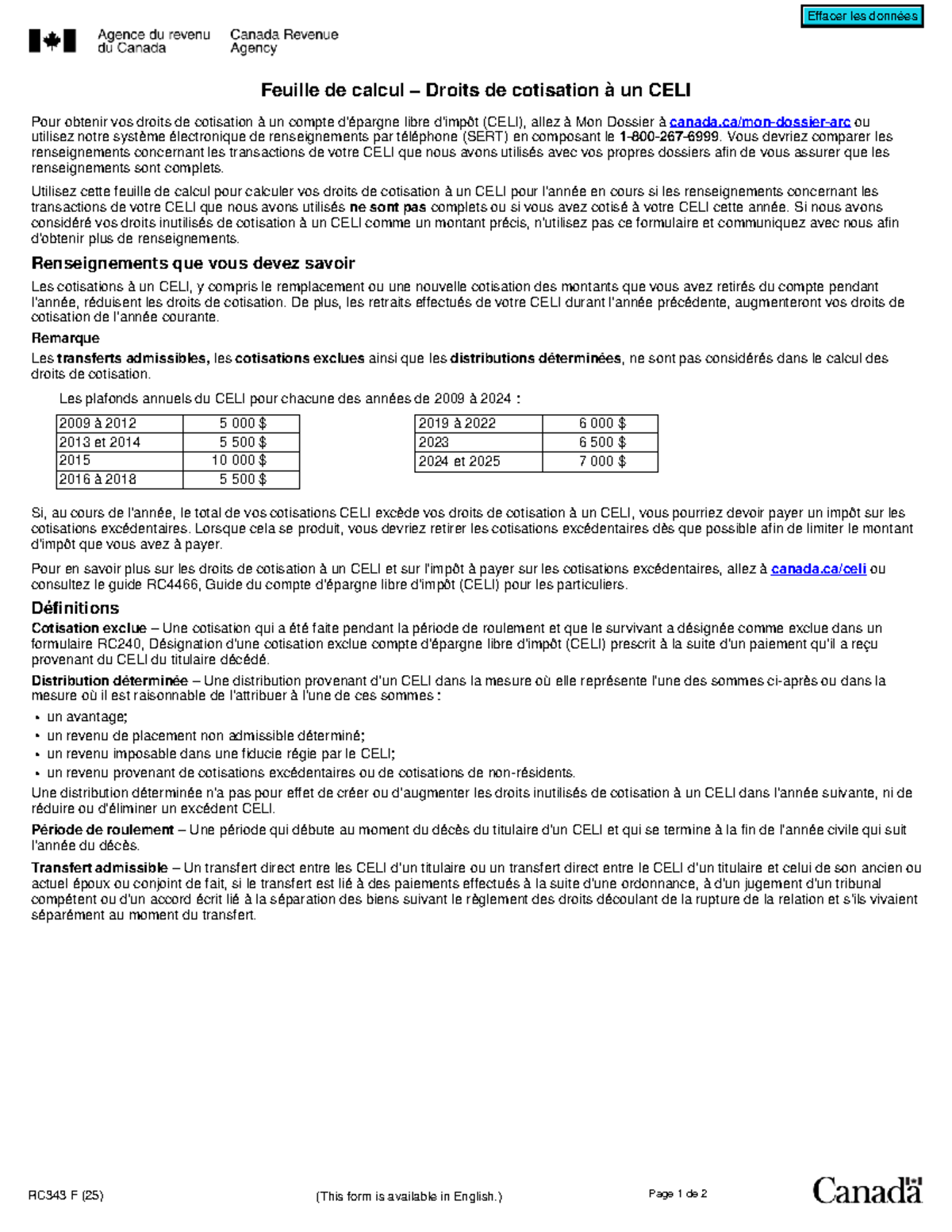 Droits de Cotisation à un CELI - Formulaire RC343 F (25) - Studocu