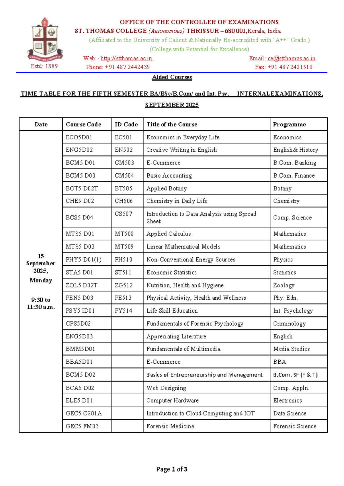 Time Table for 5th Sem. Internal Exams - Sep 2025 (Aided Courses) - Studocu