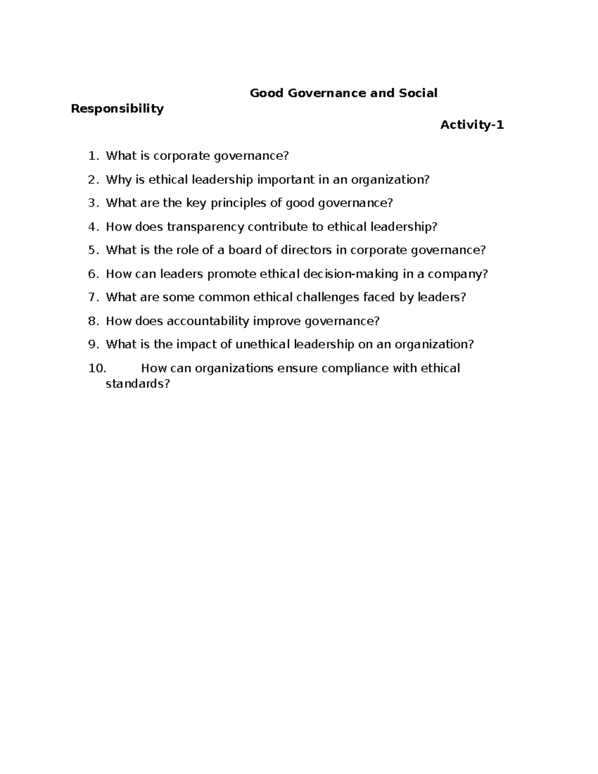 Good Governance Activity 1 - Good Governance and Social Responsibility ...