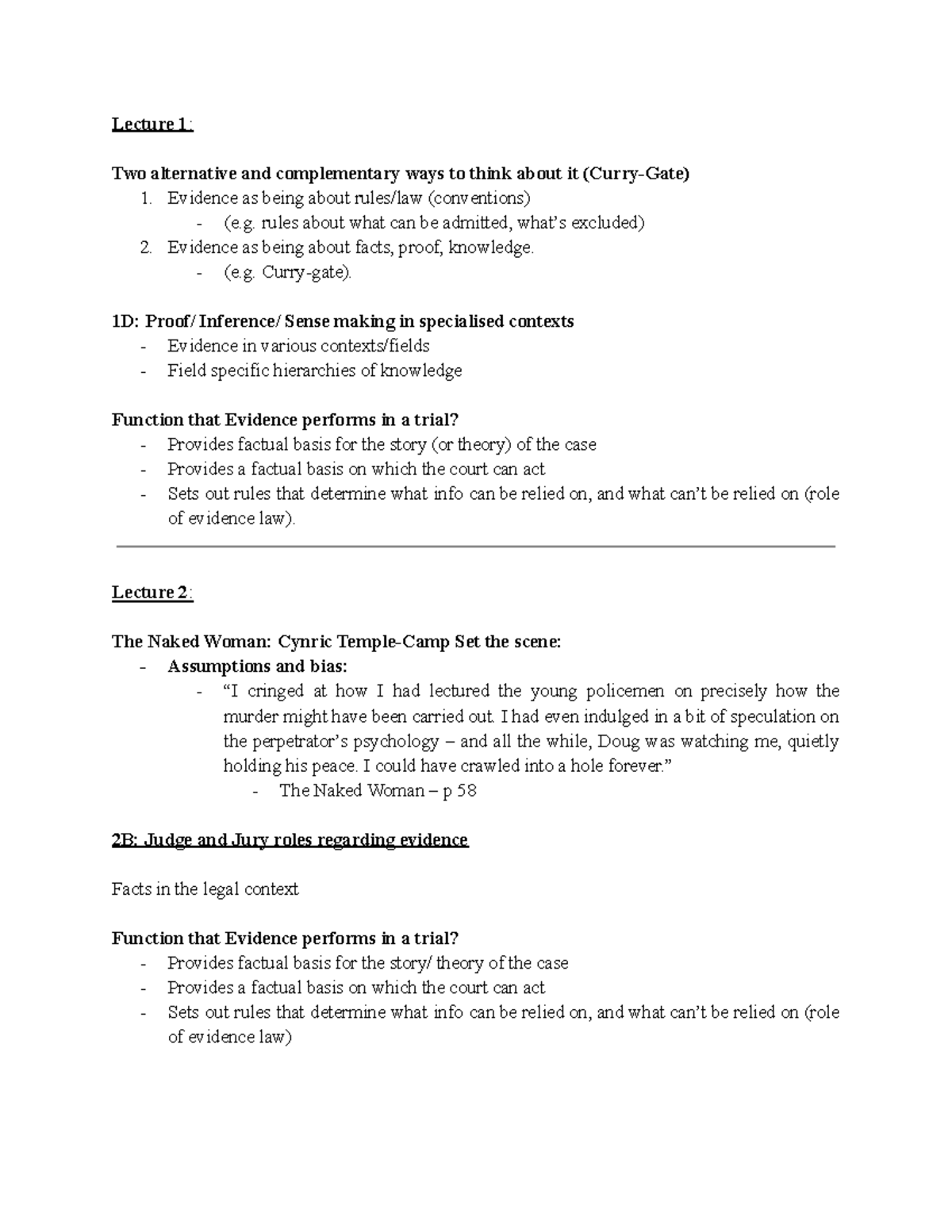 LAWS380 - Lecture Notes: Understanding Evidence and Its Legal Framework ...