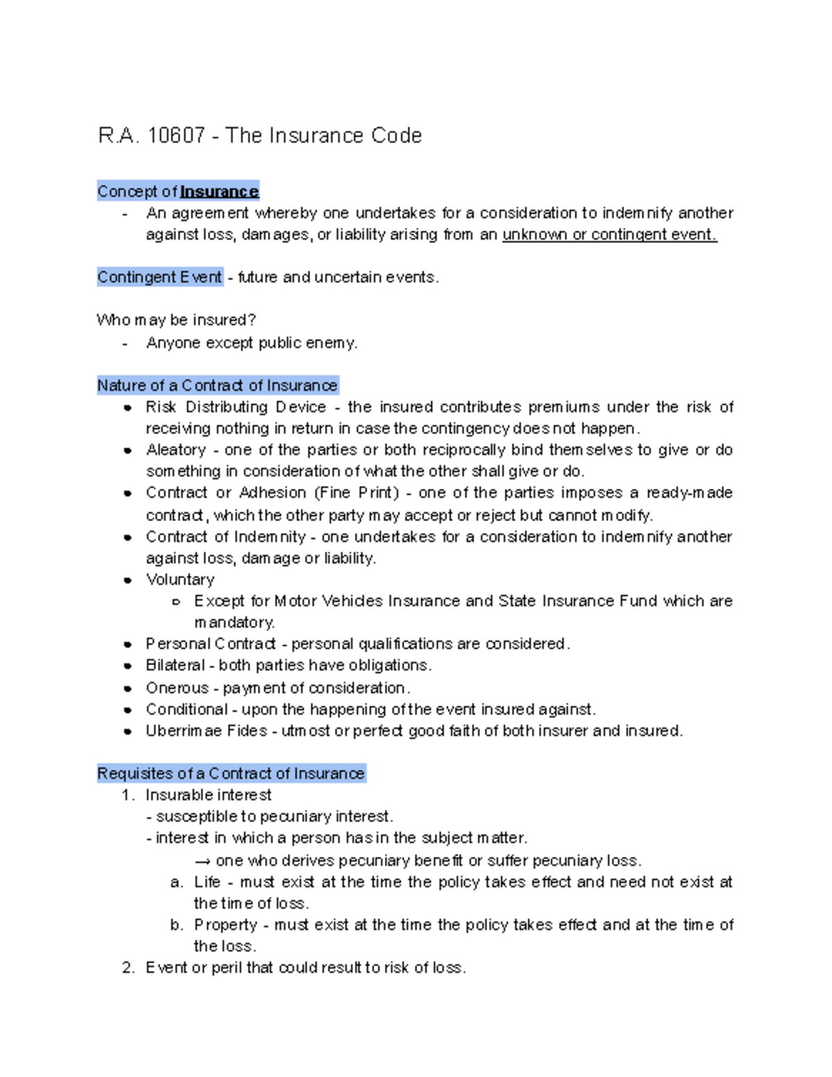 LAW 1043 - Summary Notes on R.A. 10607: The Insurance Code - Studocu