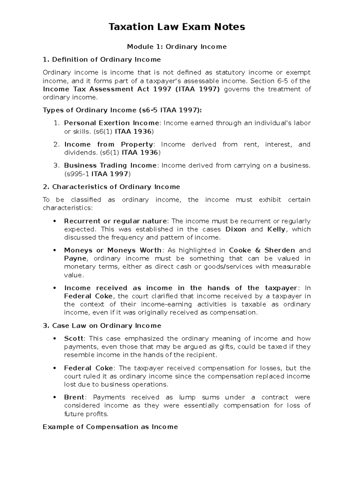 Taxation Law Exam Notes: Ordinary Income & General Deductions Overview ...