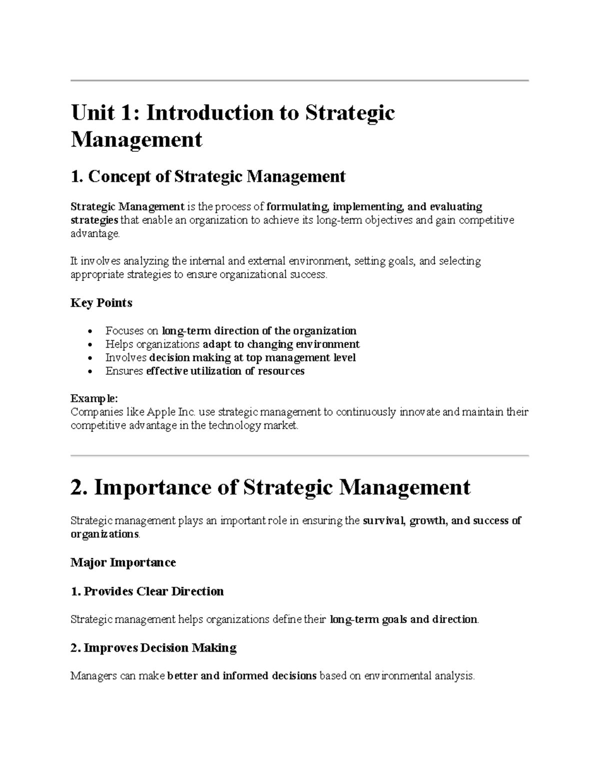BBM 8th Sem: Unit 1 - Intro to Strategic Management Notes - Studocu