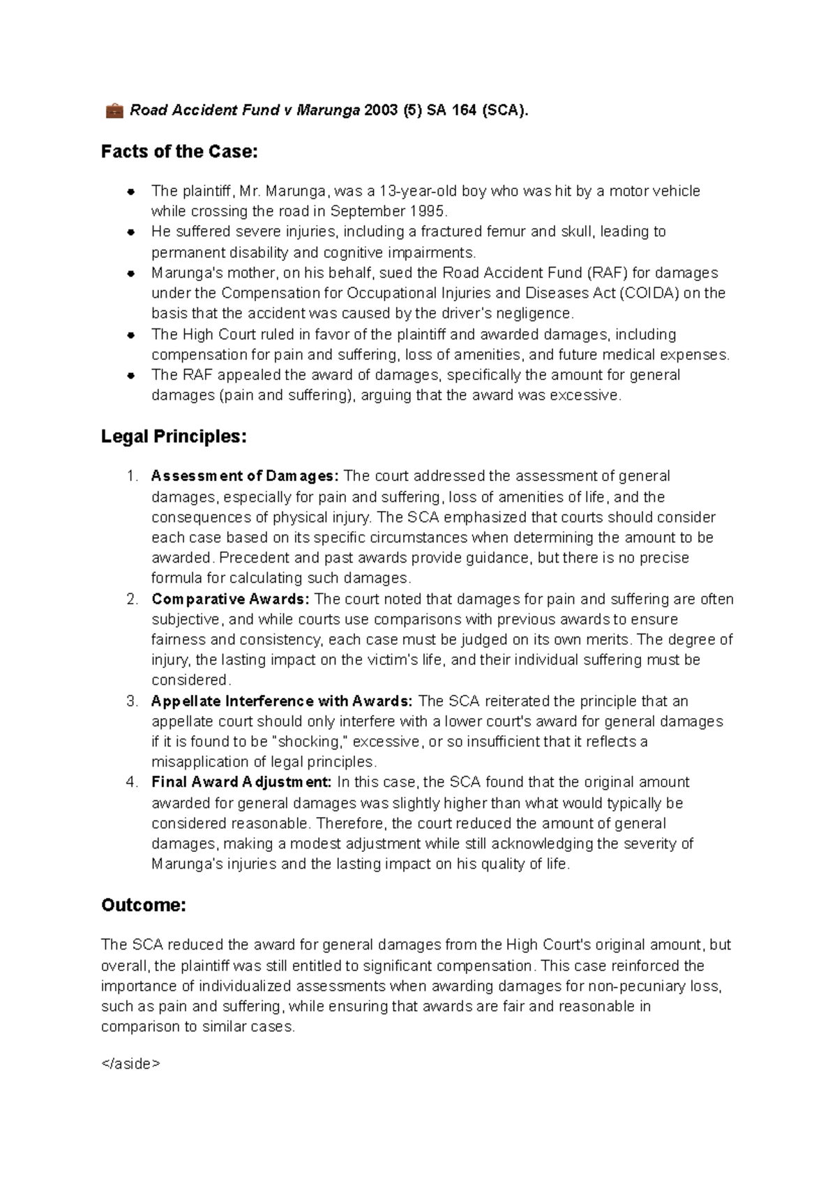 Road Accident Fund v Marunga - Delict Case Summary Analysis - Studocu
