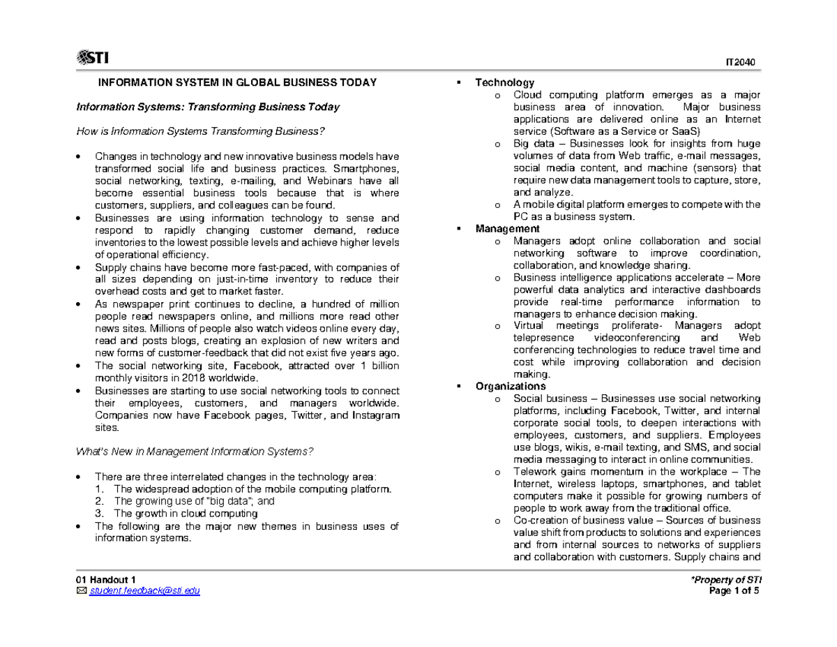 ISOM1 - Info Systems Impact on Global Business Handout - Studocu