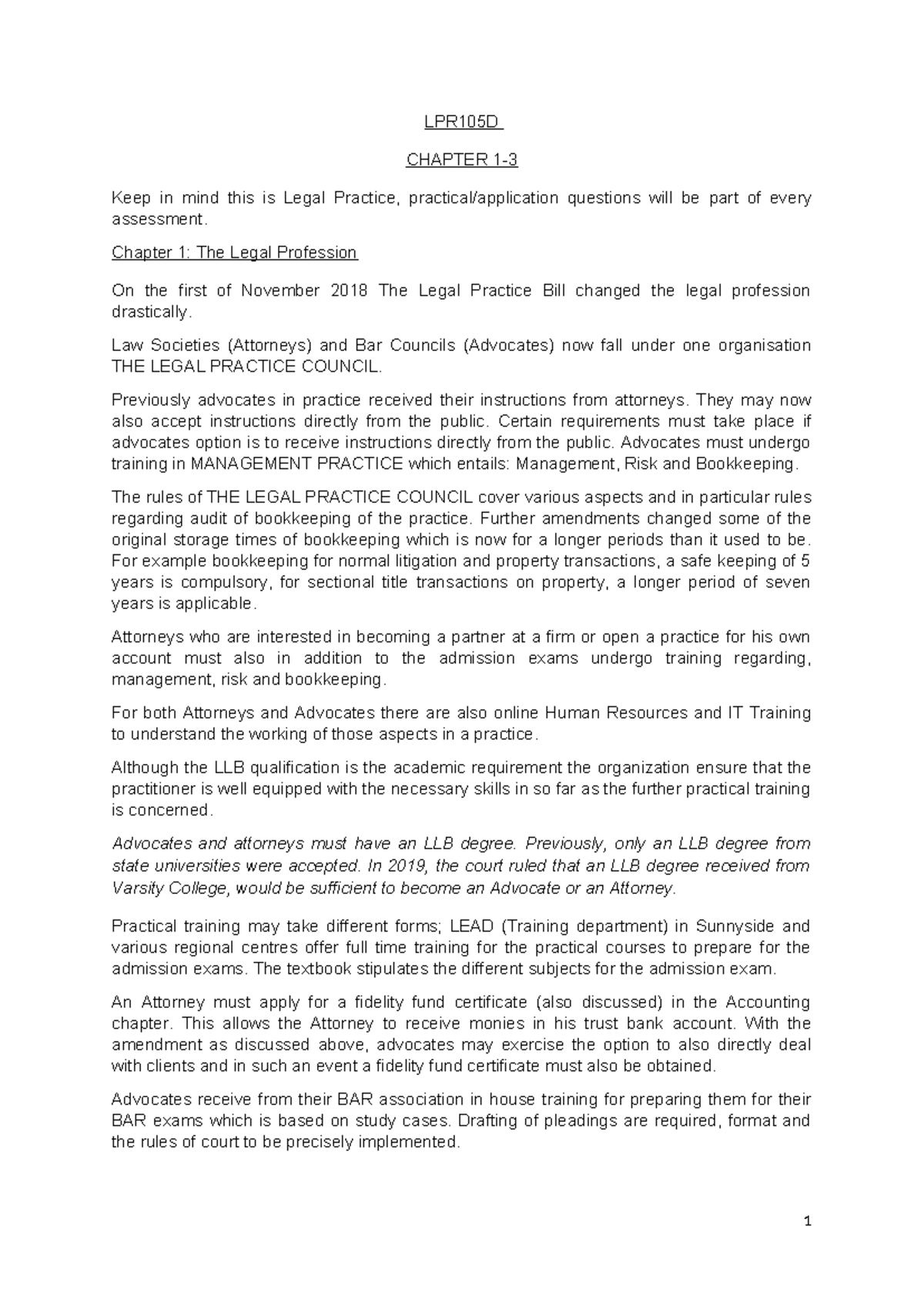 LPR105D Chapter 1-3 Legal Practice Notes and Key Concepts - Studocu