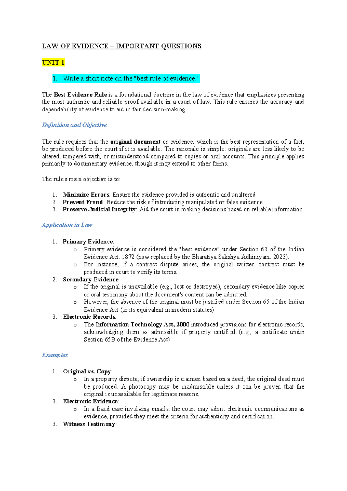 LAW OF EVIDENCE: IMPORTANT QUESTIONS UNIT 1 & 2 OVERVIEW - Studocu
