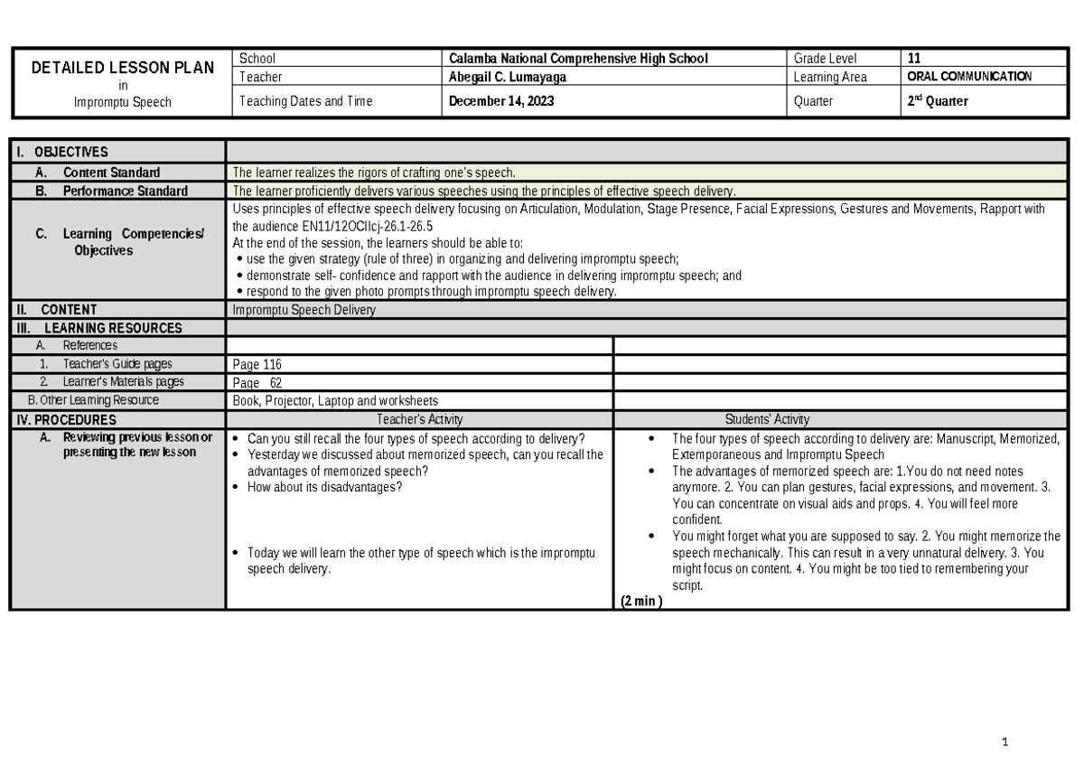 DLP for Impromptu Speech Delivery - EN11/12OCIIcj-26.1 - Studocu