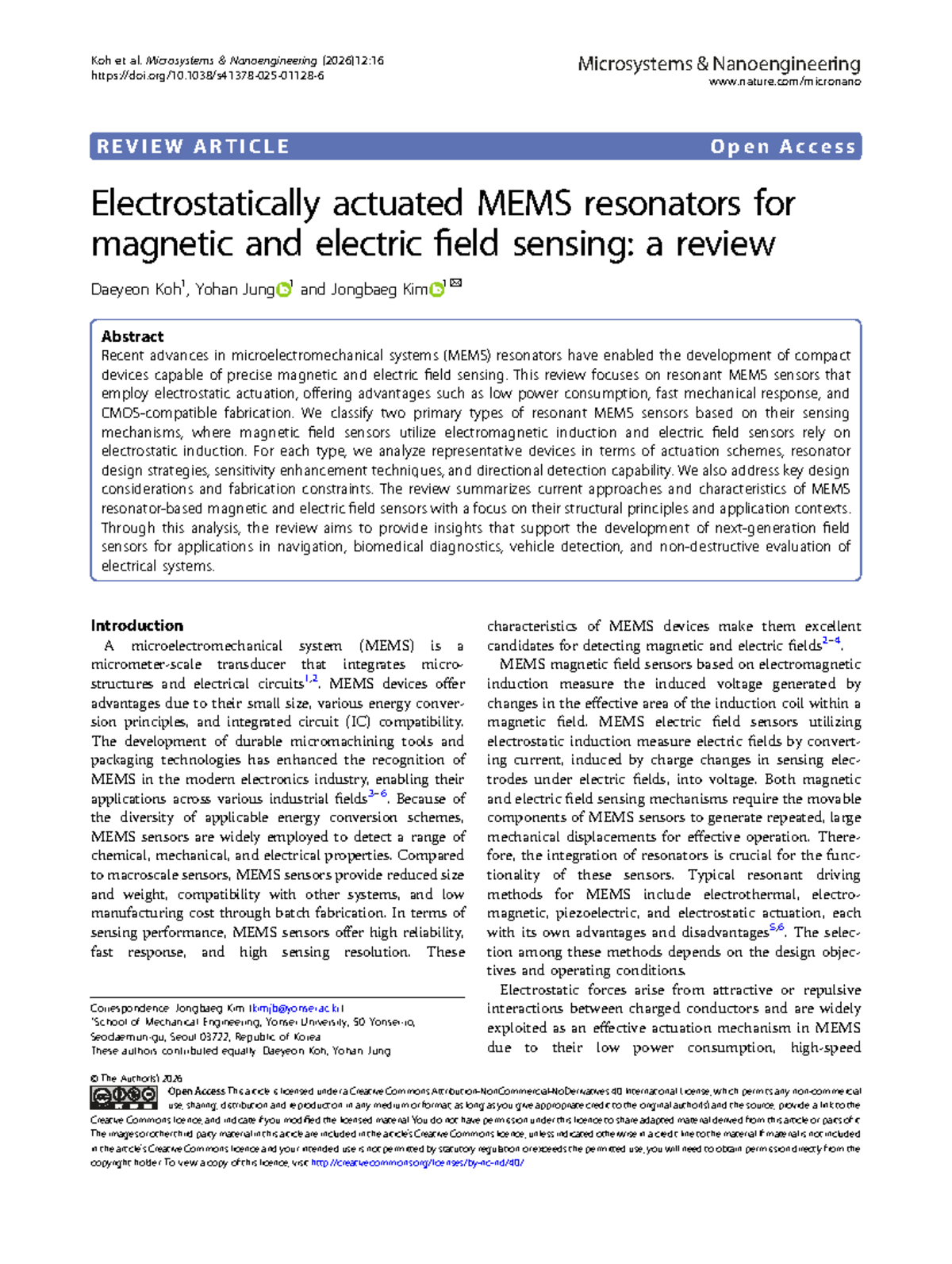 MEMS Magnetic and Electric Field Sensing: A Review (Koh et al. 2026 ...