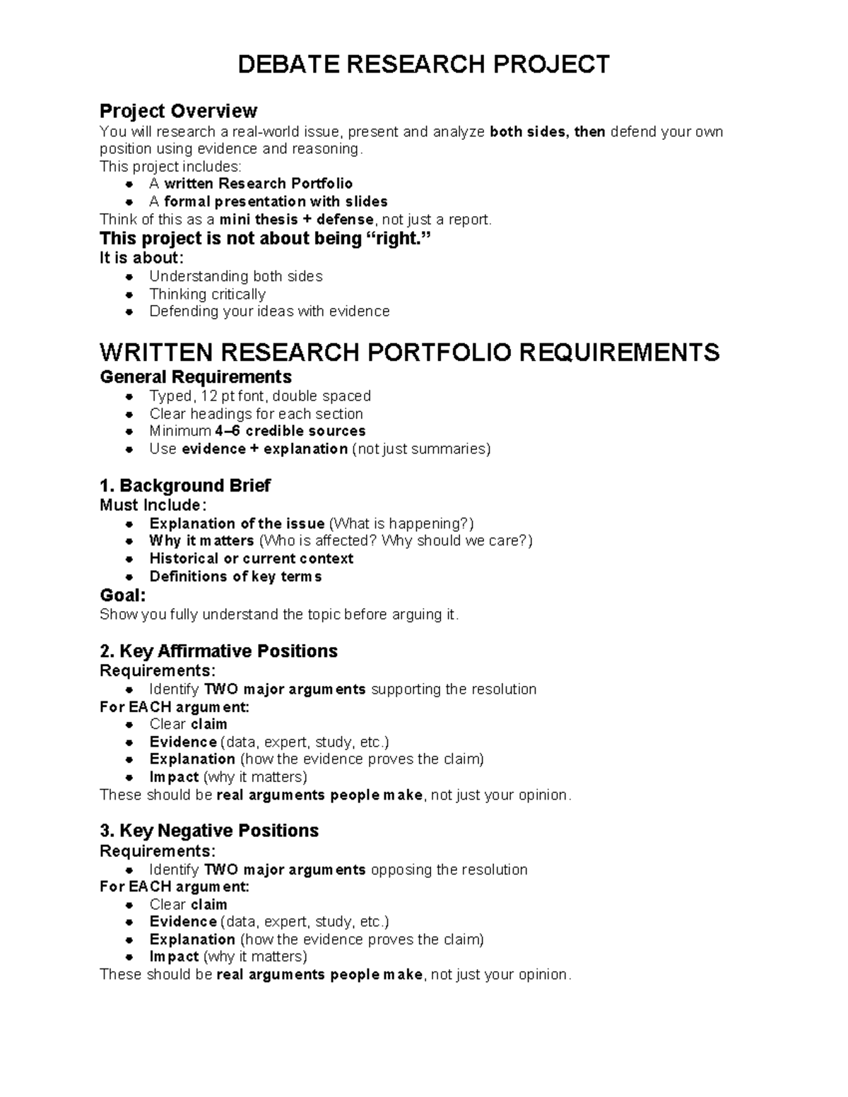DEBATE RESEARCH PROJECT: Comprehensive Guide and Requirements - Studocu