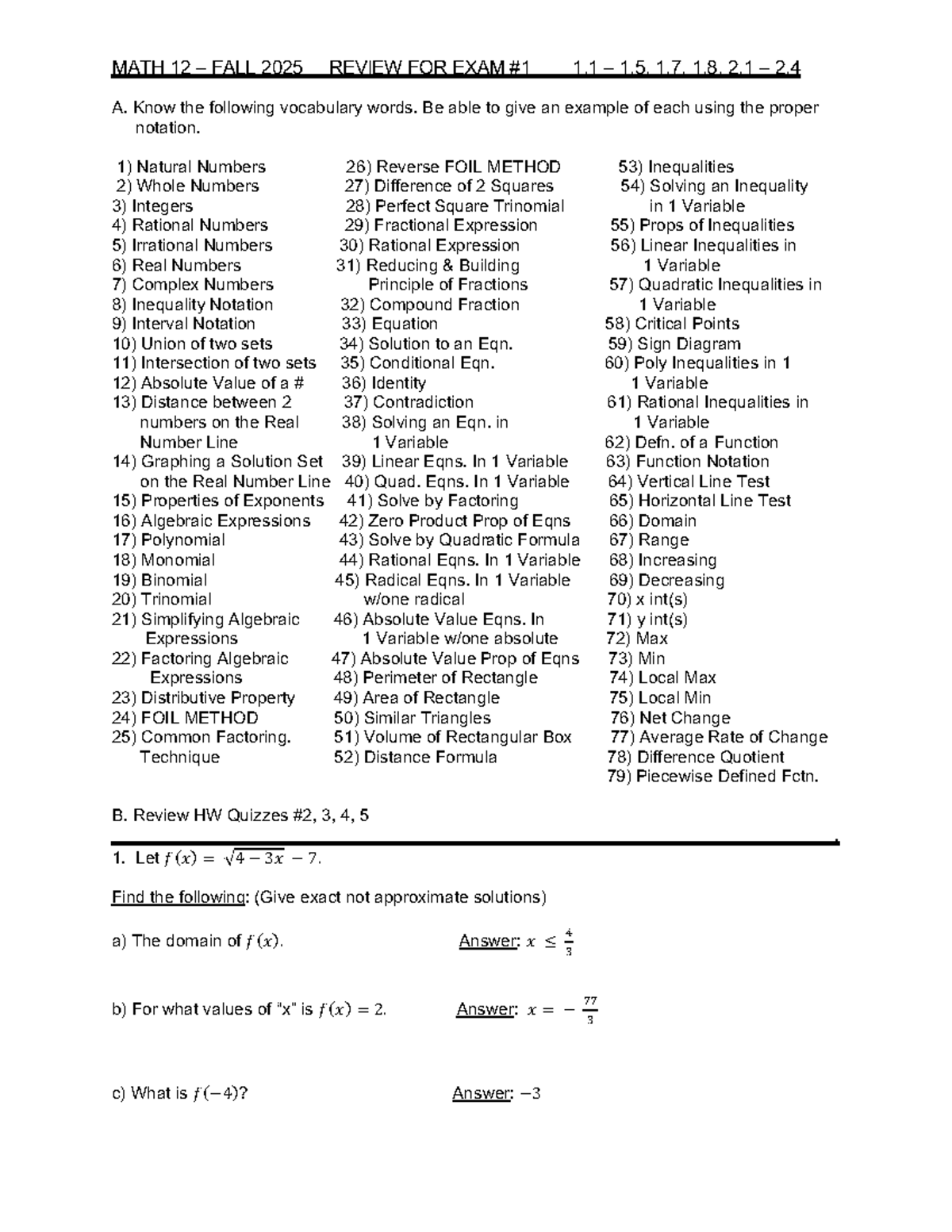 MATH 12 FALL 2025 REVIEW FOR EXAM #1 (Chapters 1-2) - Studocu