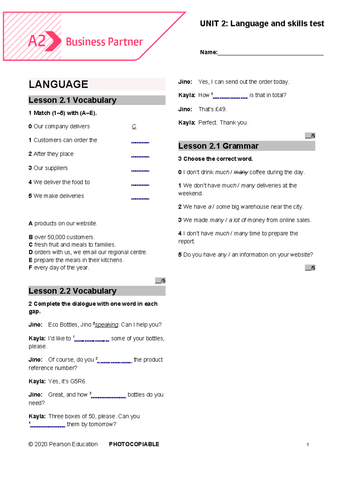 BP A2 Tests Unit 2 - Vocabulary and Grammar Exercises - Studocu