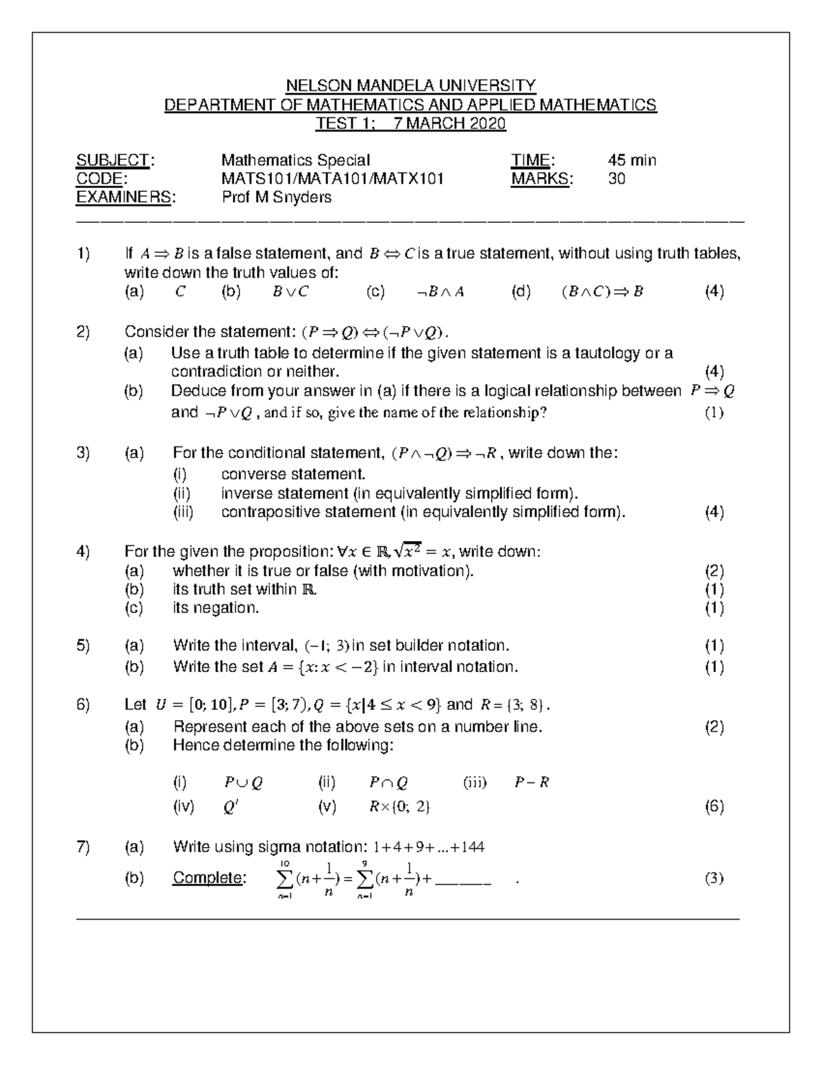 Test 1 - MATS101 Mathematics Practice Papers for Semester 1 - Studocu
