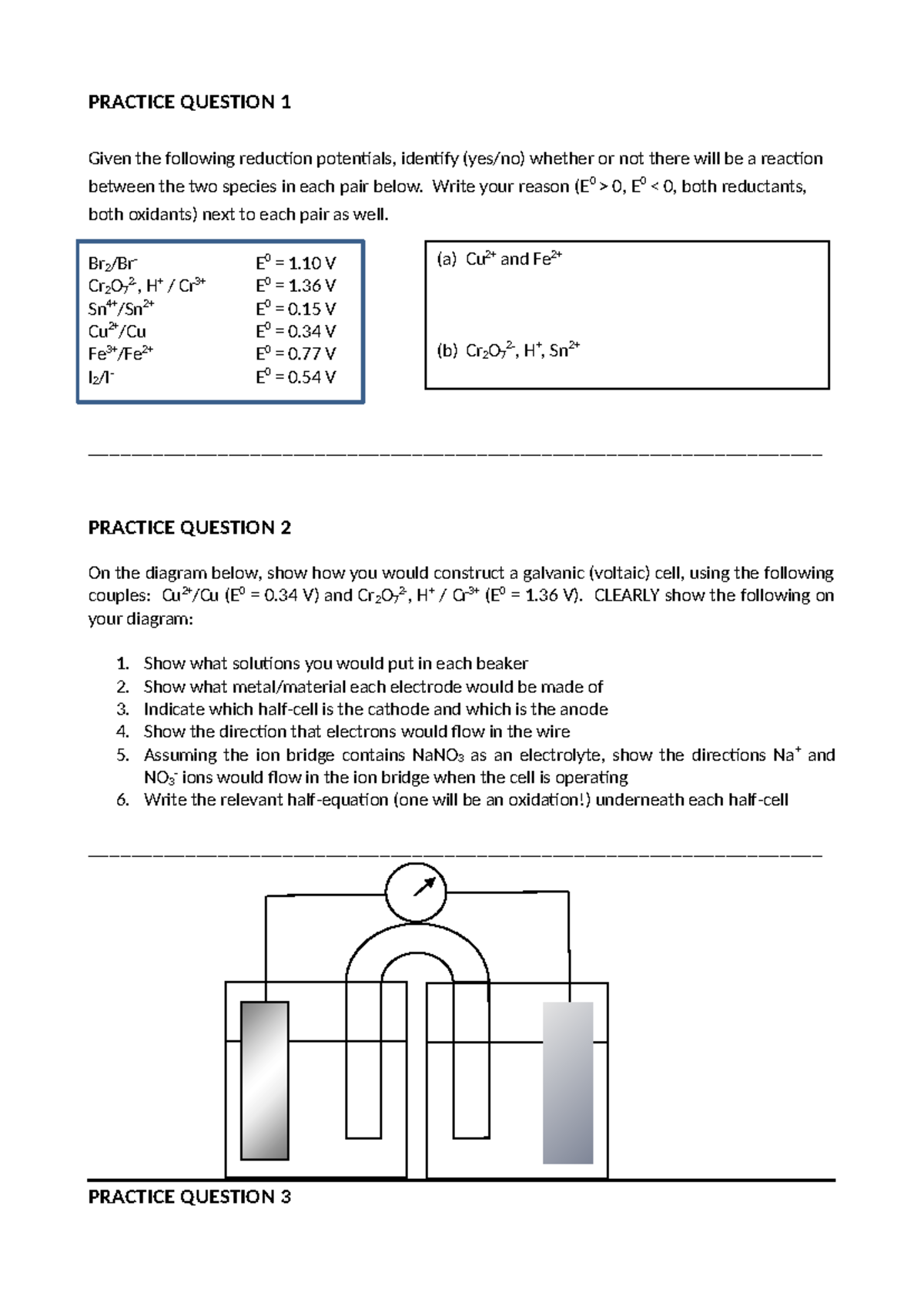 Galvanic Cells - Practice Questions (Chem 101) - Studocu