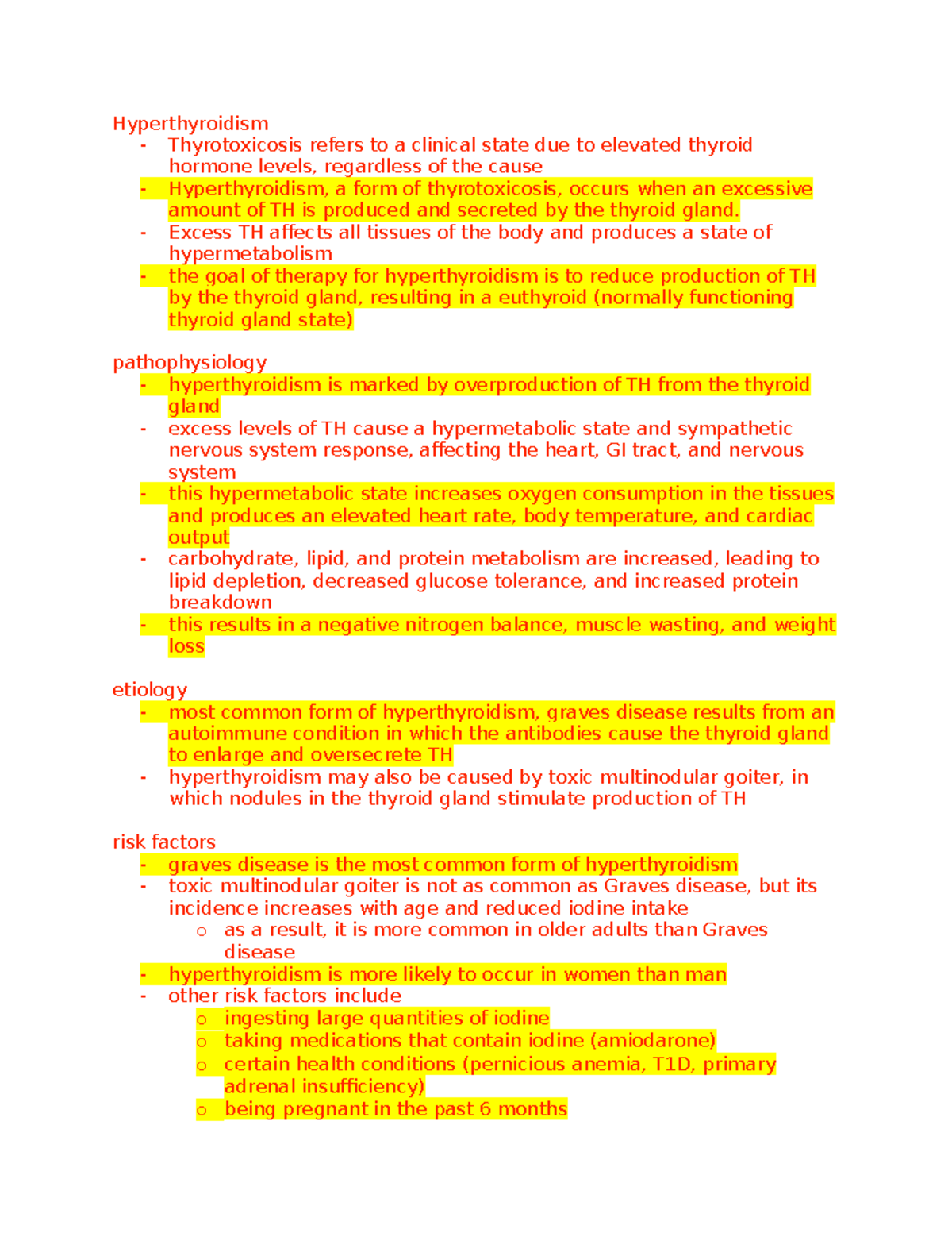 Hyperthyroidism (NUR 101) - Comprehensive Study Notes - Studocu