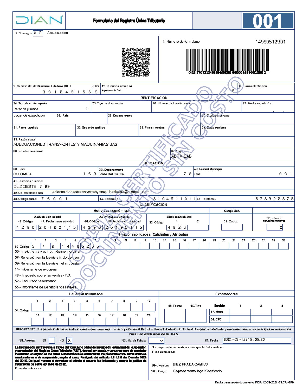 RUT Actualizado de ADTM SAS - Marzo 2024 - Studocu