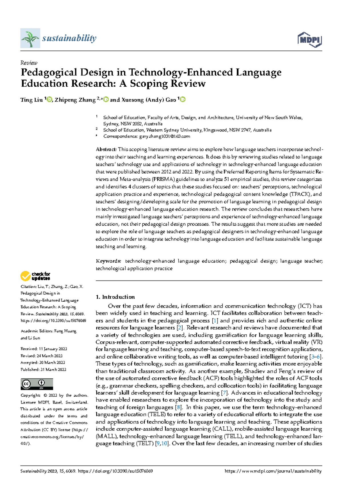 Sustainability 2023: Scoping Review on Pedagogical Design in Language ...