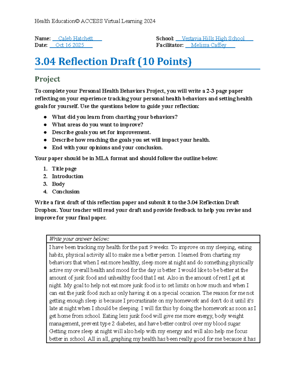 Health ACCESS 3.04 Reflection Draft: Personal Health Behaviors - Studocu