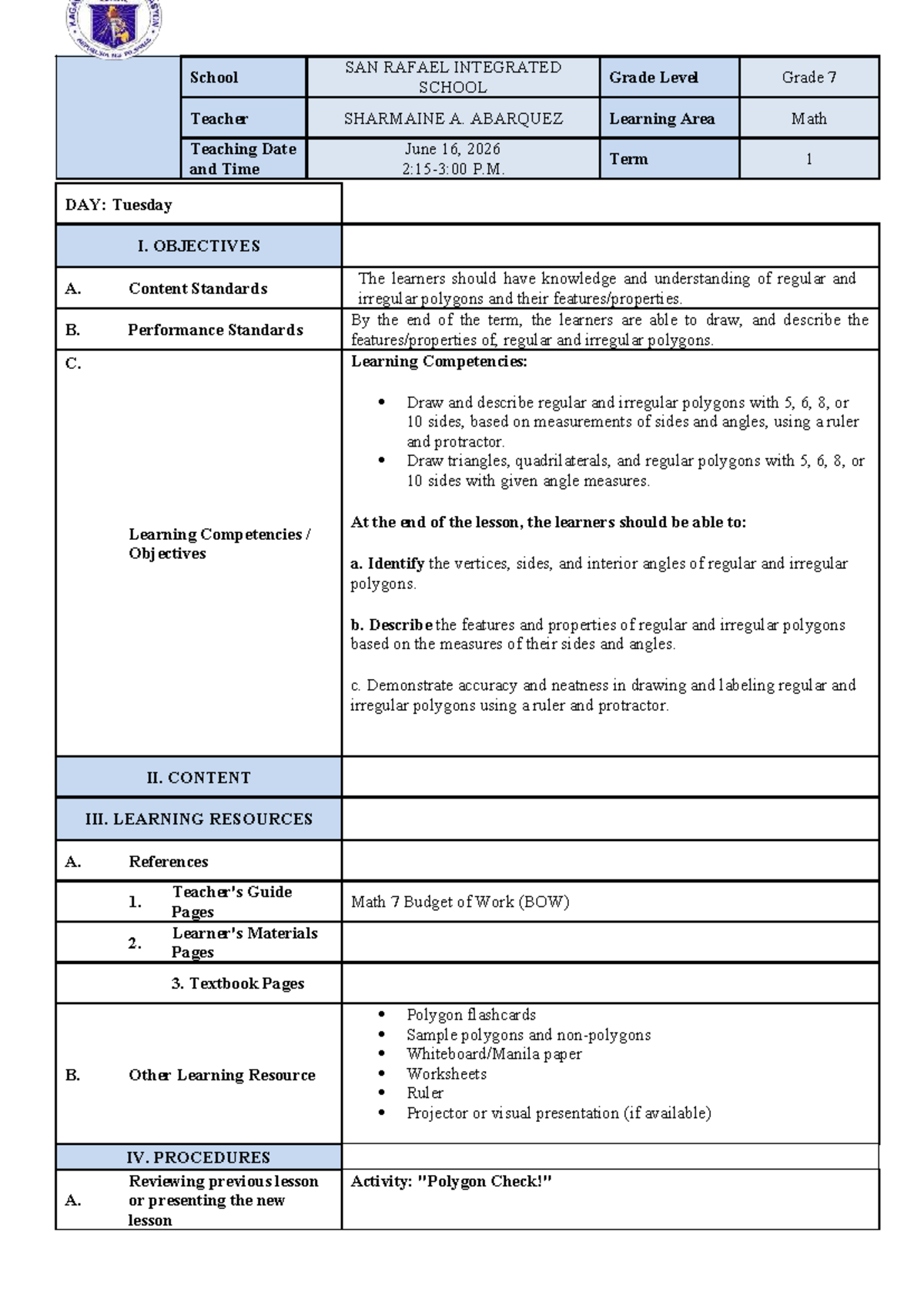LL MATH7 T1: Lesson Plan on Polygons for Grade 7 - Studocu