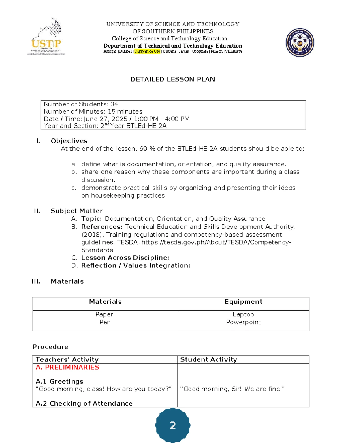 Edu 321 Detailed Lesson Plan on Documentation, Orientation, and Quality ...