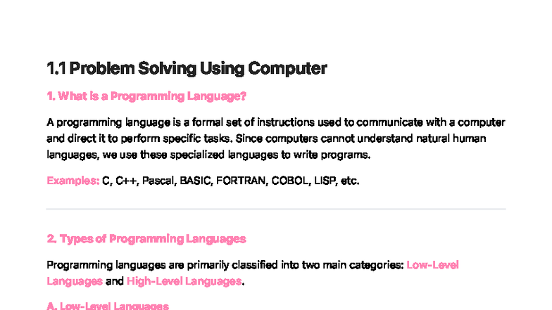 1.1 Programming Languages and Problem Solving in Computing - Studocu