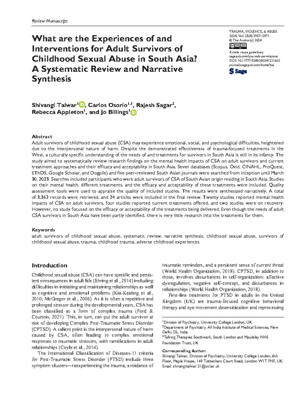 Systematic Review of Adult CSA Survivors' Experiences in South Asia ...