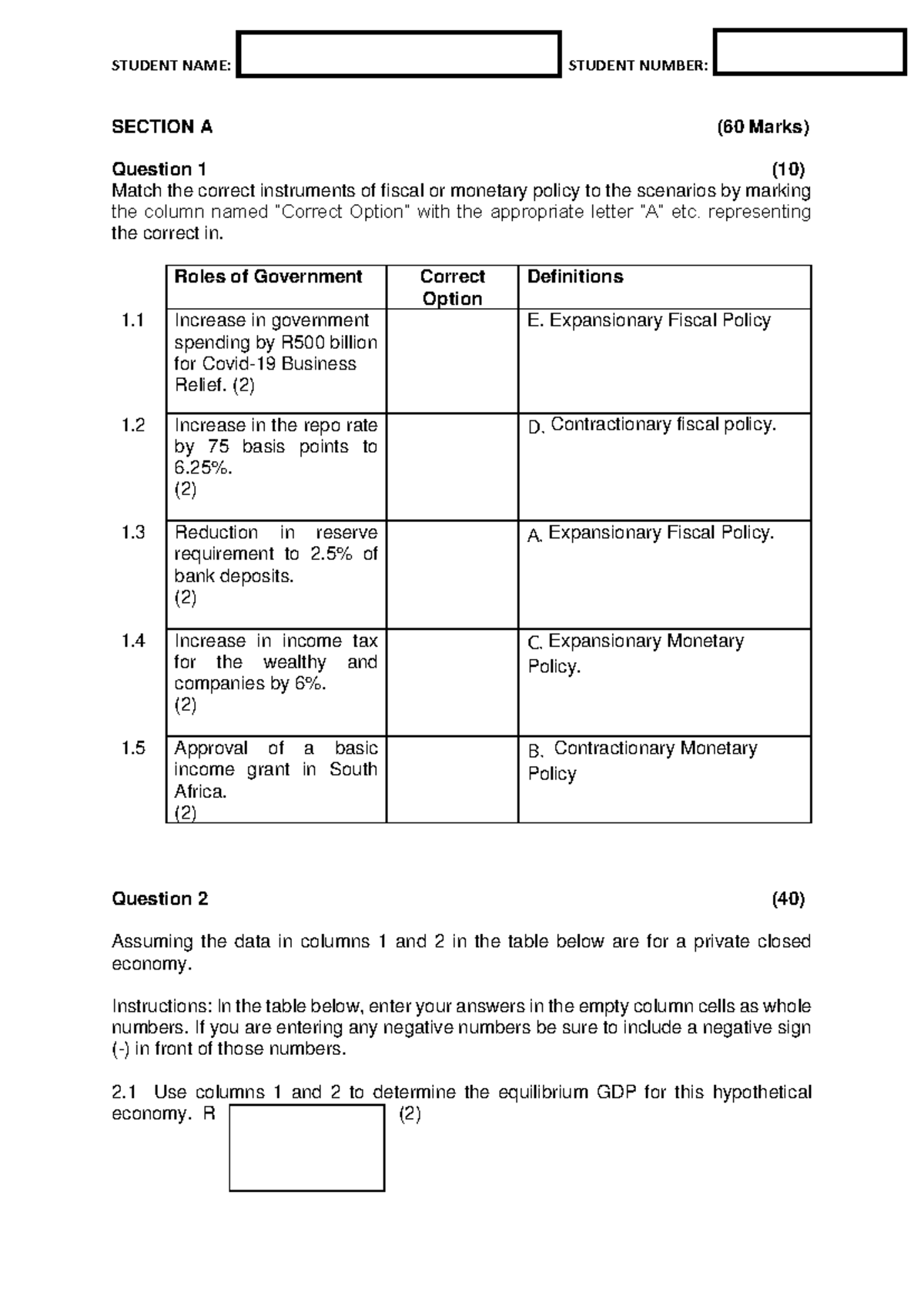 Economic Past Paper 2: Fiscal & Monetary Policy Analysis - Studocu