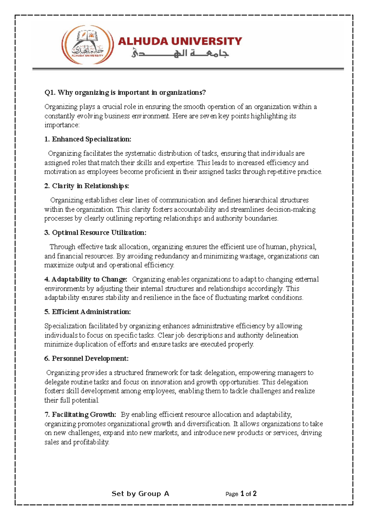 Group Assignment: Importance of Organizing in Organizations - Studocu