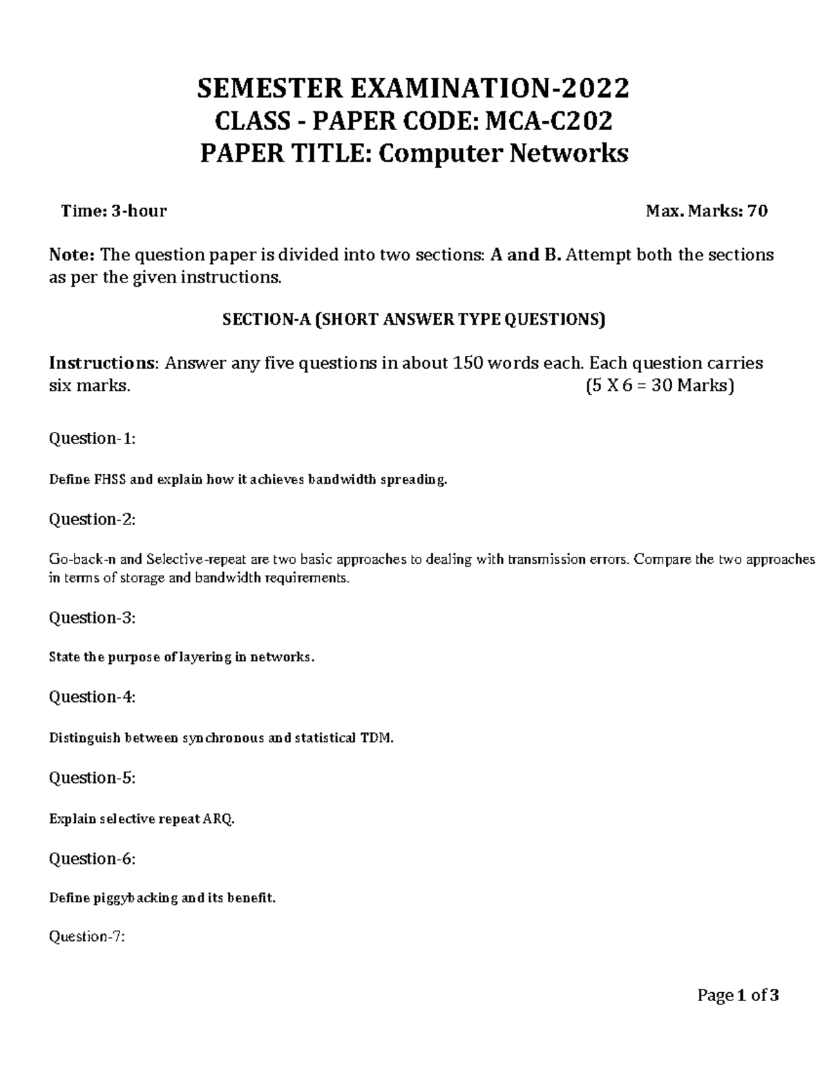 Computer Networks Semester Paper: Cn 1 - 1234 Exam Guide - Studocu