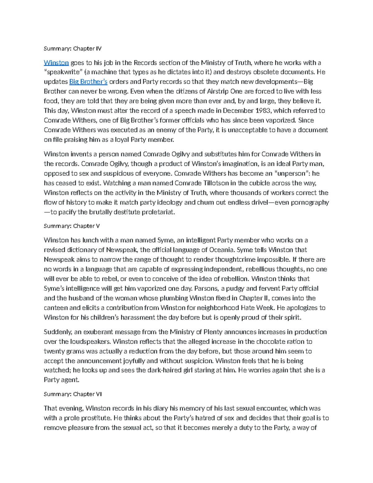 Book 1, Chapters IV to VI Summary: Winston's Struggle in the Ministry ...
