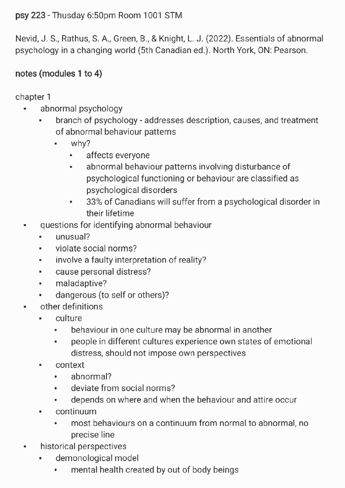 PSY 223 Midterm Notes: Essentials of Abnormal Psychology (Modules 1-4 ...