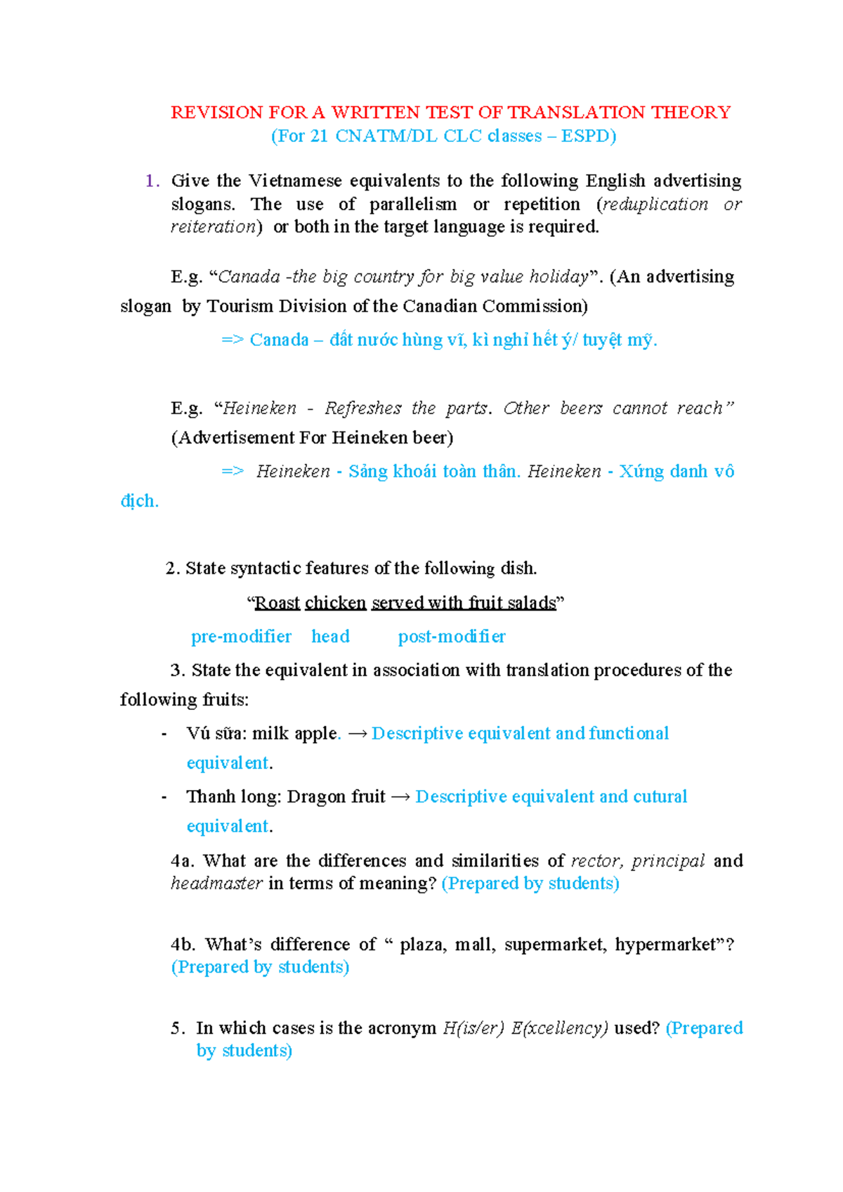 Revision for Written Test on Translation Theory (21 CLC classes ESPD ...