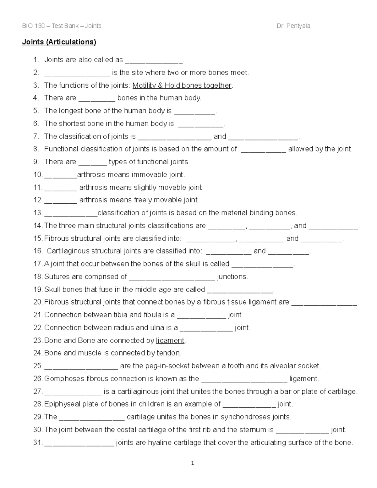 BIO 130 Joints Test Bank: Key Concepts and Review Questions - Studocu